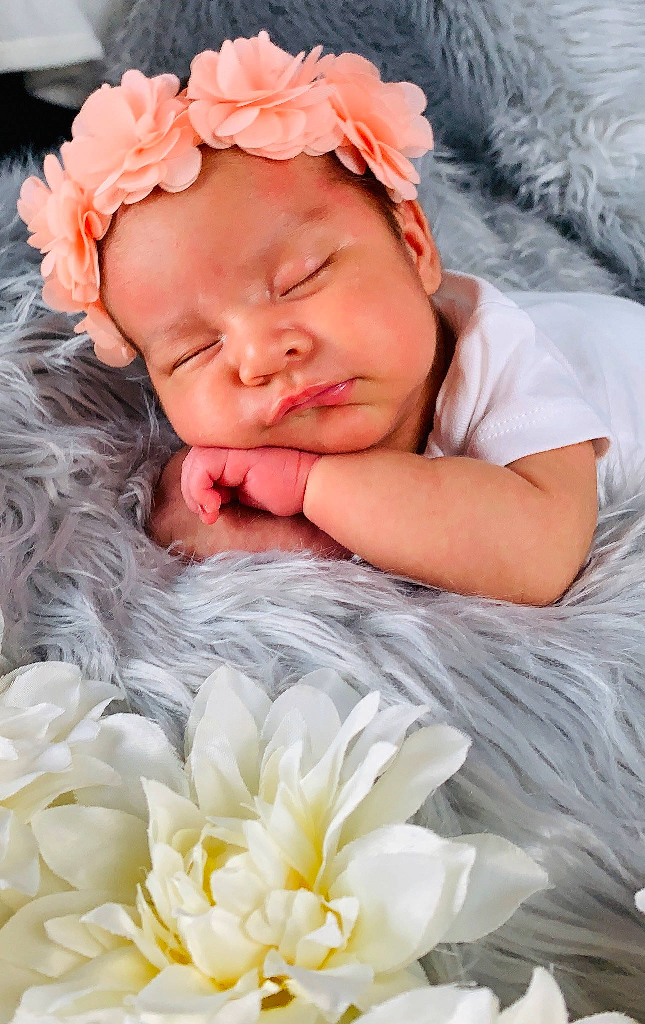Sky joined the competition — help win amazing prizes! baby, baby_sleeping, child, flower, hair_accessory, headband, headpiece, person, petal, photography, pink, plant, sleep, smile, toddler