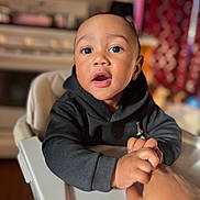 Heyctor Teixeira joined the competition — help win amazing prizes! background_blur, black_hoodie, casual_clothing, child, curious, face, furniture, hand, high_chair, holding_hands, indoor, infant, kitchen, open_mouth, person, soft_focus, toddler, warm_lighting, wide_eyes, young_child
