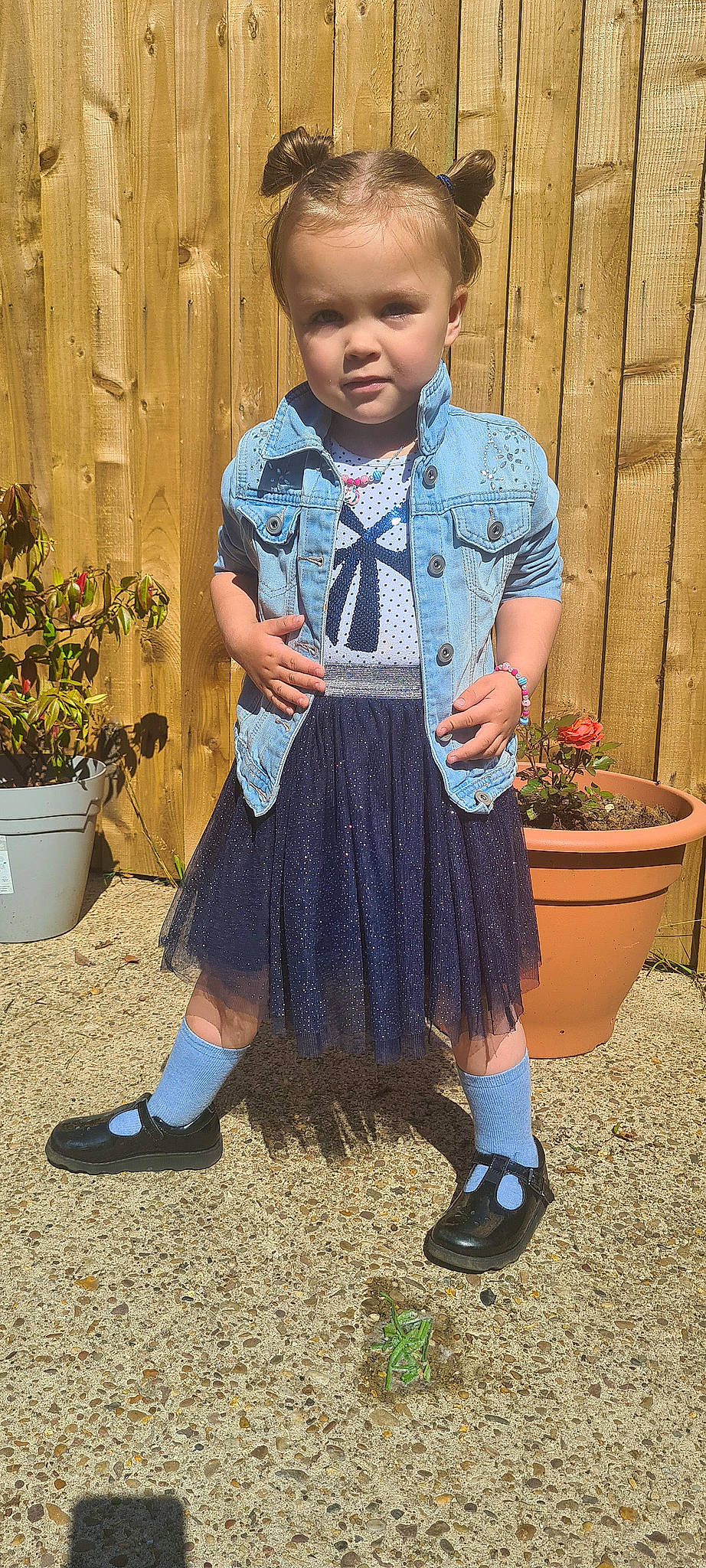 Melanie is registered to the contest to win money with this photo: baby_toddler_clothing, collar, day_dress, denim, dress, electric_blue, flower, flowerpot, footwear, formal_wear, grass, houseplant, person, plaid, plant, shoe, sleeve, street_fashion, t_shirt, toddler