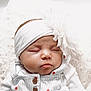 baby, sleeping, headband, flower, infant, clothing, buttons, blanket, soft, cozy, cute, portrait, peaceful, newborn, closeup, face, child, resting, white, texture