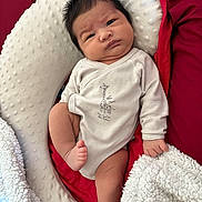 Aiden participe au concours pour gagner de l'argent avec cette photo : baby, infant, face, expression, onesie, clothing, giraffe, bunny, blanket, cushion, soft_texture, red_background, white_texture, foot, hand, portrait, indoors, person, lying_down, curious_expression