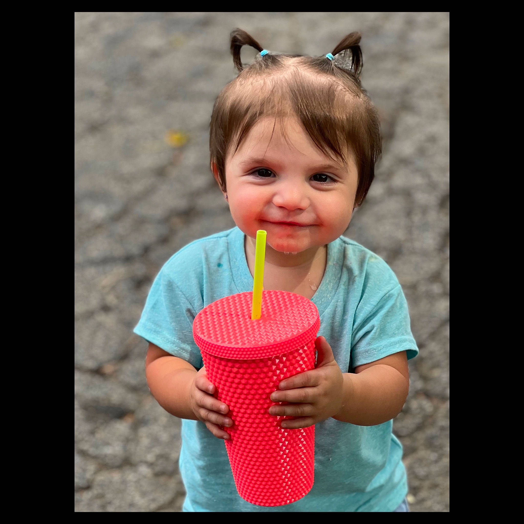 Eliana joined the competition — help win amazing prizes! baby, baby_toddler_clothing, child, drinking_straw, eyewear, finger, food, fun, gesture, grass, hand, happy, joy, natural_foods, pattern, person, product, sleeve, smile, superfood