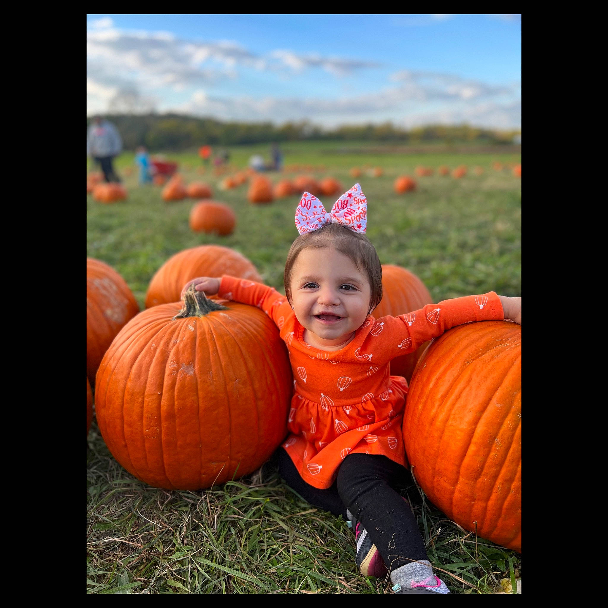 Eliana joined the competition — help win amazing prizes! calabaza, cloud, cucurbita, eye, gourd, grass, happy, head, joy, natural_foods, natural_landscape, people_in_nature, person, plant, pumpkin, sky, smile, squash, toddler, tree