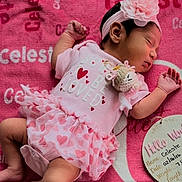 Celeste joined the competition — help win amazing prizes! baby, newborn, infant, sleeping, pink, headband, flower_headband, tutu, onesie, blanket, plush_toy, milestone_board, feet, arms, cute, portrait, soft_texture, heart_pattern, props, close_up