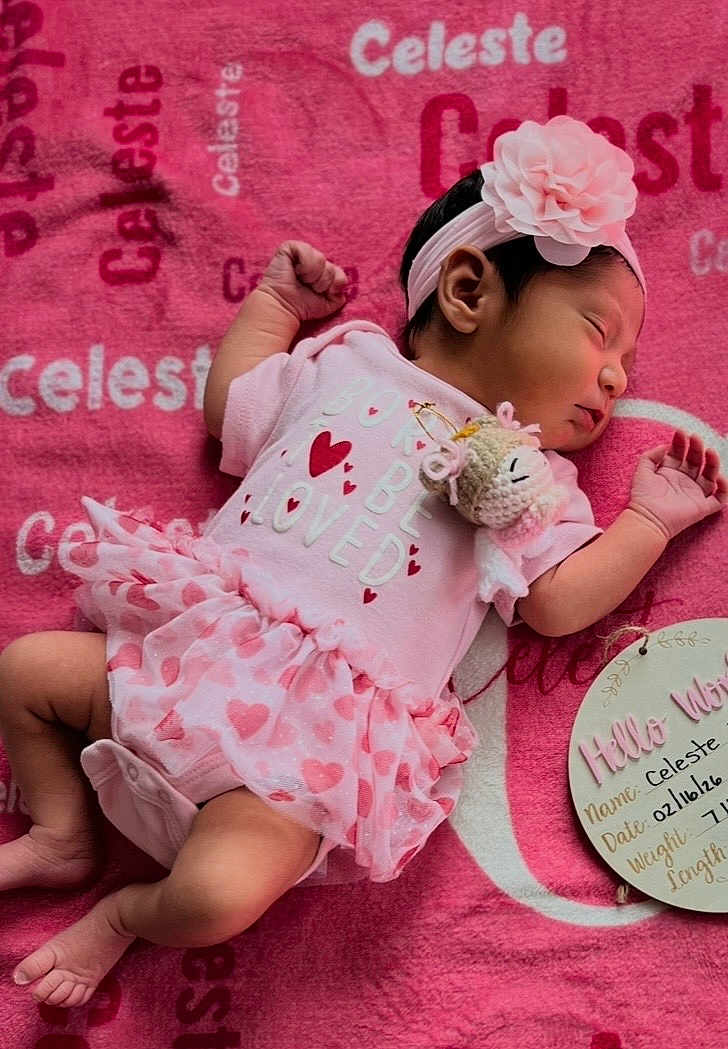 Celeste joined the competition — help win amazing prizes! baby, newborn, infant, sleeping, pink, headband, flower_headband, tutu, onesie, blanket, plush_toy, milestone_board, feet, arms, cute, portrait, soft_texture, heart_pattern, props, close_up