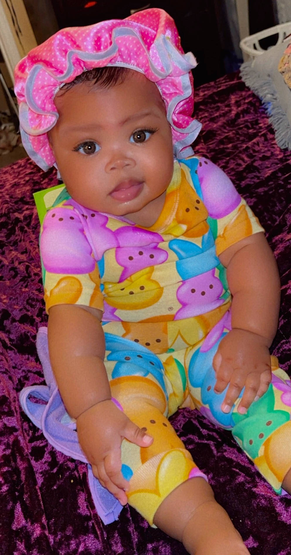 Emerie joined the competition — help win amazing prizes! arm, baby, baby_toddler_clothing, cheek, child, clothing, face, facial_expression, happy, headwear, human, human_body, magenta, organ, person, pink, purple, red, skin, sleeve