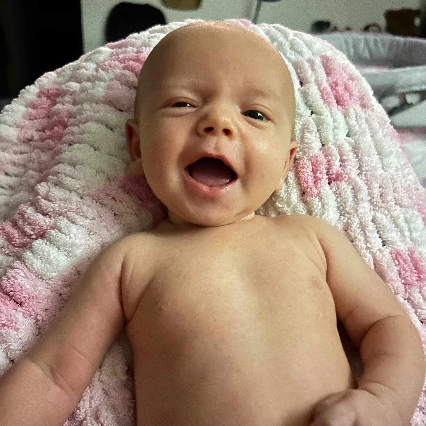 Ariana joined the competition — help win amazing prizes! baby, babylaughing, crying, face, happy, head, newborn, person, photography, portrait, sad, smile, towel