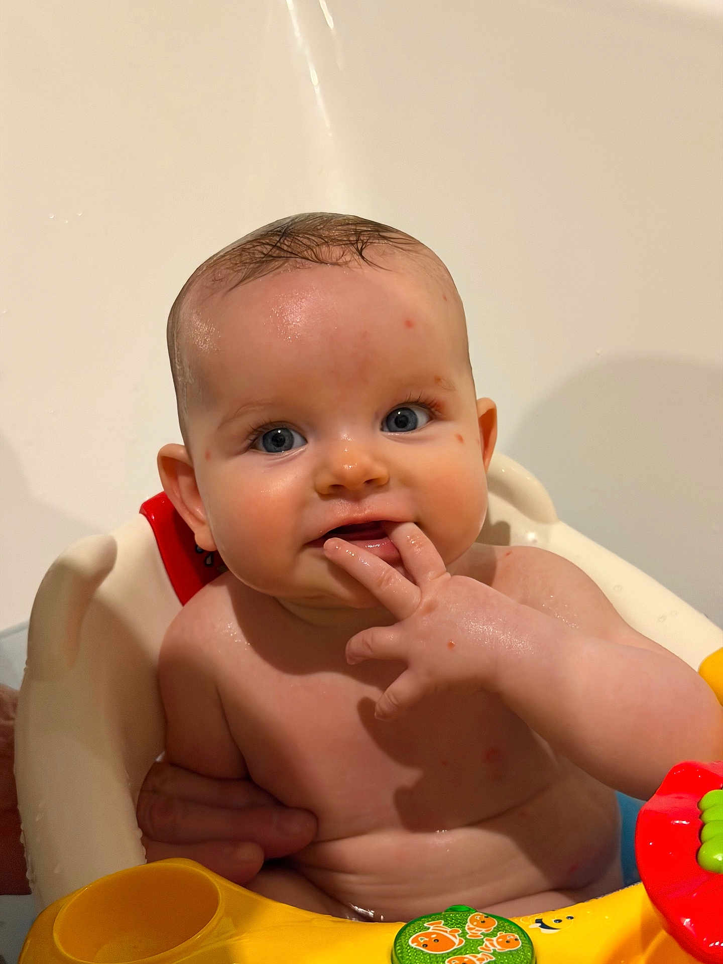 Myla participe au concours pour gagner de l'argent avec cette photo : baby, bath, bath_seat, water, hand, toy, colorful, skin, wet_hair, curious, playful, infant, child, face, fingers, mouth, blue_eyes, cute, indoors, close_up