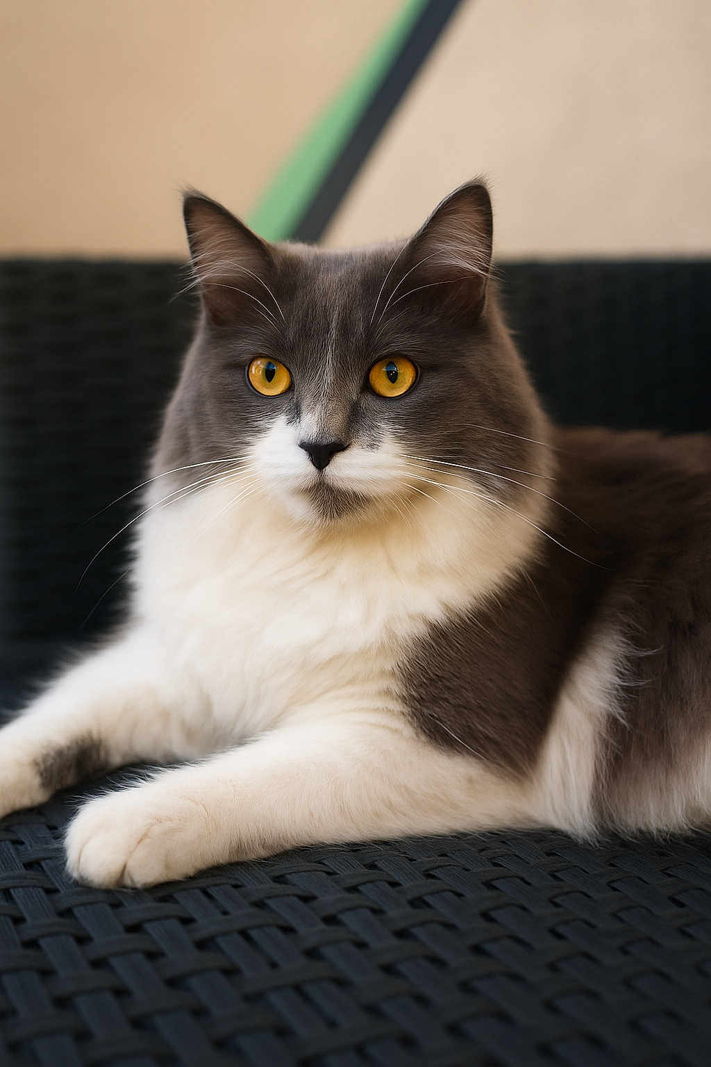 Smoky participe au concours pour gagner de l'argent avec cette photo : cat, gray_cat, white_cat, feline, pet, animal, golden_eyes, whiskers, ears, fur, relaxed, lounging, close_up, portrait, indoor, resting, cute, domestic_cat, wicker_surface, calm