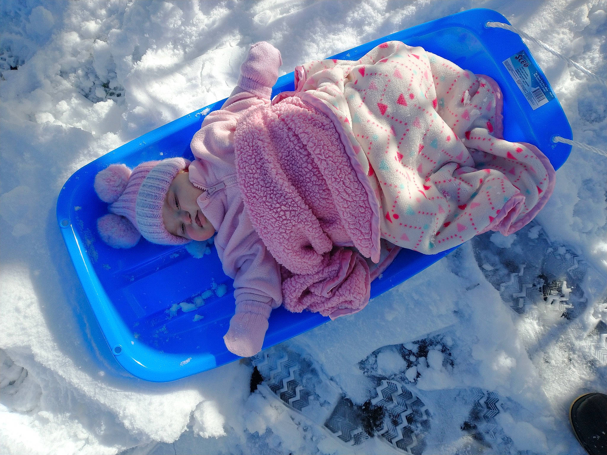 Evie joined the competition — help win amazing prizes! baby, baby_products, baby_toddler_clothing, child, comfort, electric_blue, freezing, fun, grass, headwear, ice_cap, leisure, person, personal_protective_equipment, recreation, sledding, snow, toddler, tree, vacation