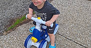 Cody is registered to the contest to win money with this photo: blue_sandals, child, concrete, dandelions, fun, grass, happy, outdoor, person, play, recreation, shirt, shorts, sidewalk, smile, sunny_day, toddler, toy, tricycle, young_child