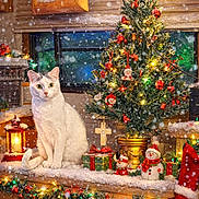 Echo is registered to the contest to win money with this photo: cat, white_cat, christmas_tree, christmas_ornaments, holiday_decorations, presents, snow, snow_effect, lantern, garland, stocking, wooden_furniture, festive_lights, indoor, window, cross_ornament, snowman_figurine, red_bow, holiday_season, decorated_table