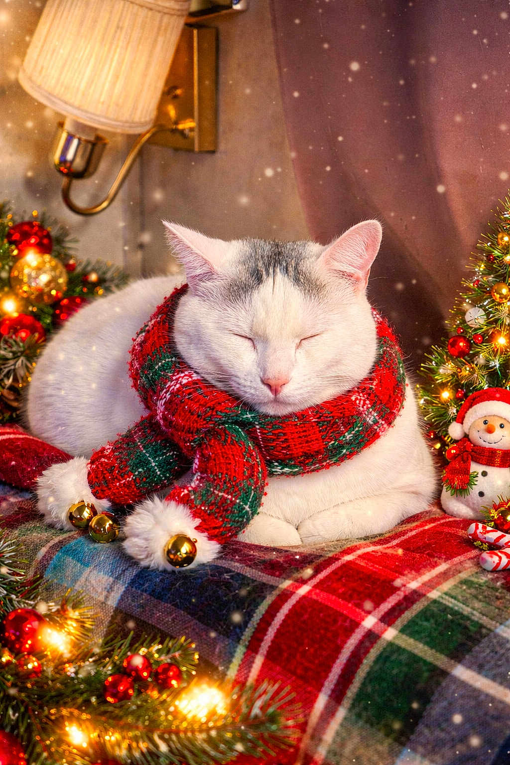 Echo is registered to the contest to win money with this photo: cat, sleeping, scarf, christmas, holiday, decorations, lights, snowman, plaid_blanket, festive, cozy, indoor, pet, white_cat, gray_markings, bells, ornaments, warm_lighting, relaxing, winter