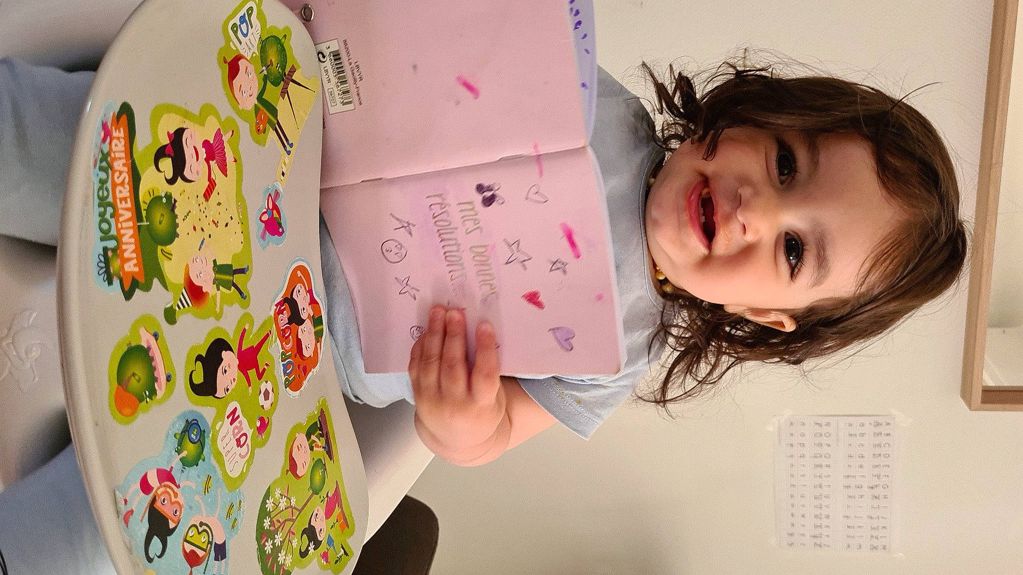 Lara participe au concours pour gagner de l'argent avec cette photo : art, child, finger, font, fun, gesture, handwriting, happy, joy, magenta, material_property, pattern, person, pink, product, room, smile, stationery, toddler, visual_arts