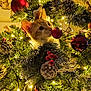 cat, kitten, christmas_tree, christmas_ornaments, pine_cones, red_baubles, fairy_lights, greenery, holiday_decorations, festive, indoor, curious, pet, animal, close_up, decor, seasonal, celebration, cute, sniffing