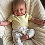 Malik joined the competition — help win amazing prizes! baby, smiling, yellow_shirt, bear_pattern, pants, blanket, soft_texture, infant, cute, happy, child, clothing, foot, toes, relaxing, indoors, face, person, portrait, toddler