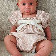 Elena joined the competition — help win amazing prizes! baby, infant, newborn, bow_headband, floral_dress, dress, clothing, sitting, carpet, feet, toes, legs, eyes, face, rosy_cheeks, portrait, closeup, cute, indoor, fabric