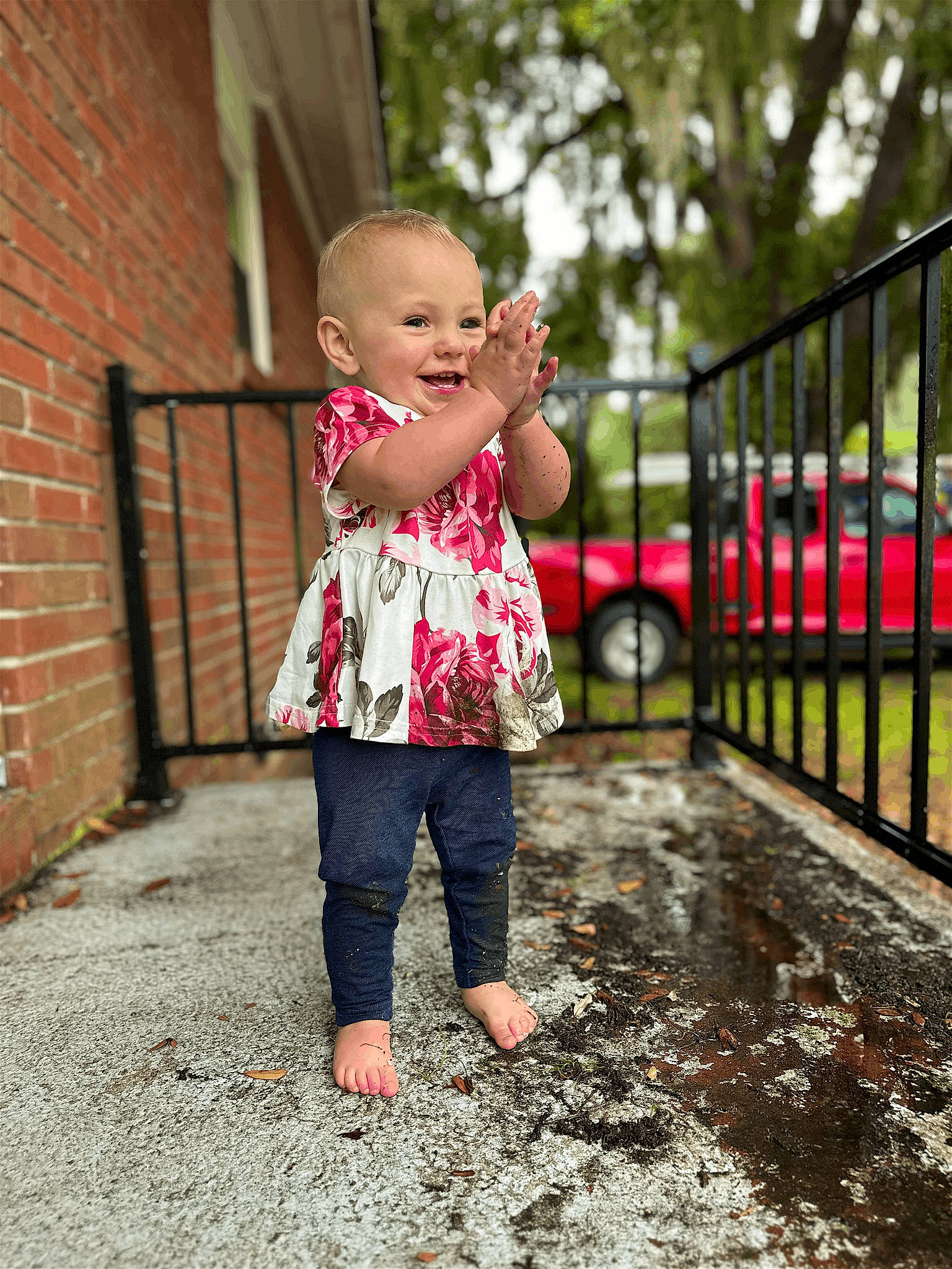 Allison is registered to the contest to win money with this photo: baby, brick, child, city, dress, fun, grass, happy, joy, leaf, leg, leisure, magenta, people_in_nature, person, plant, public_space, recreation, sunlight, toddler