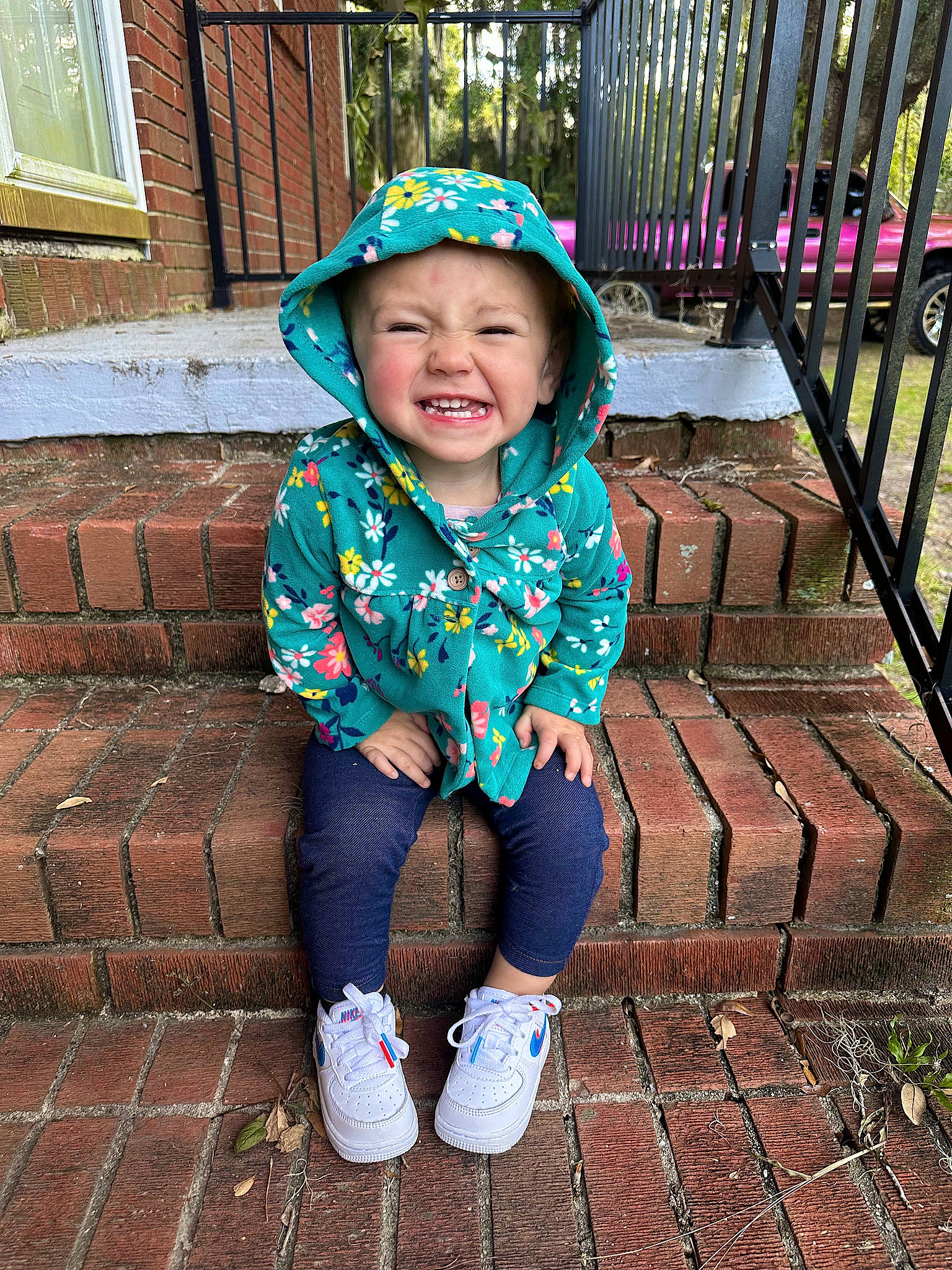 Allison joined the competition — help win amazing prizes! baby_toddler_clothing, electric_blue, eye, face, fun, grass, hairstyle, happy, hat, head, headgear, headwear, leisure, magenta, pattern, people_in_nature, person, pink, sleeve, smile