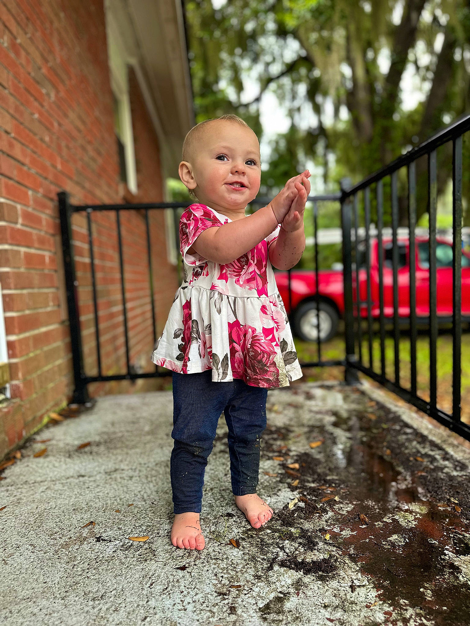 Allison joined the competition — help win amazing prizes! baby, baby_toddler_clothing, brick, brickwork, child, flooring, fun, grass, happy, leaf, leisure, magenta, pattern, people_in_nature, person, pink, recreation, standing, toddler, tree
