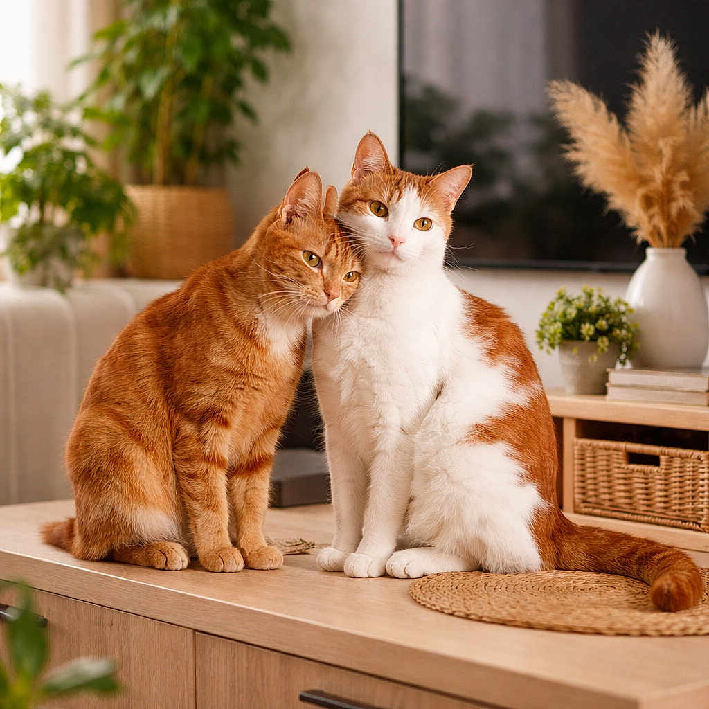 Nounou Et Happy participe au concours pour gagner de l'argent avec cette photo : adorable, cat, close_together, companion, cozy, cute, decor, domestic_animal, feline, fur, ginger_cat, home, indoor, living_room, pets, plants, relaxed, sitting, white_cat, wooden_cabinet