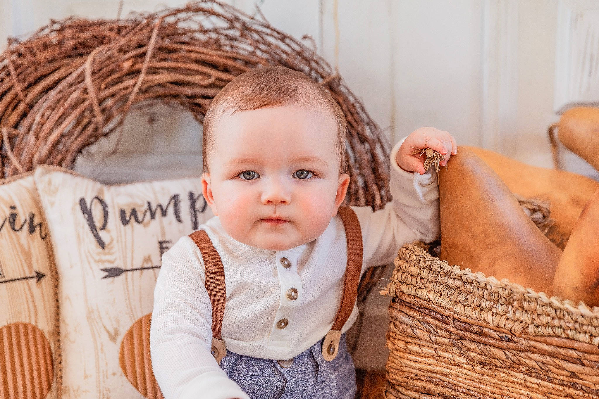 Liam joined the competition — help win amazing prizes! baby, baby_toddler_clothing, basket, chair, child, comfort, fashion_accessory, fur, grass, happy, jewellery, linens, pattern, peach, person, portrait_photography, sitting, skin, toddler, wicker