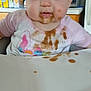 Blakely is registered to the contest to win money with this photo: baby, blue_eyes, child, clothing, cute, expression, face, feeding, food, high_chair, home, infant, kitchen, messy, pink, portrait, sitting, smudges, table, young