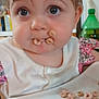 Blakely joined the competition — help win amazing prizes! bottle, cereal, child, clothing, curly_hair, expression, eyes, face, food, indoor, kitchen, messy, mouth, person, pink, plastic_bottle, snack, table, toddler, white