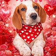 Rusty is registered to the contest to win money with this photo: puppy, dog, bandana, red_bandana, hearts, heart_shaped_balloons, roses, flowers, gifts, valentines_day, cute, pet, animal, portrait, close_up, love_theme, decorations, pink_background, red, festive