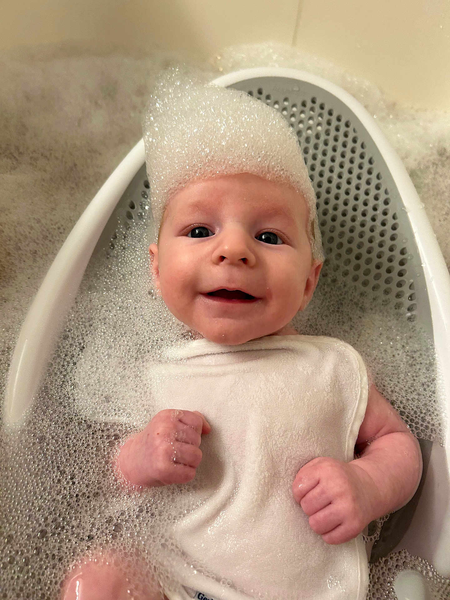 Dean joined the competition — help win amazing prizes! baby, bath, bubbles, foam, smile, happy, water, tub, skin, child, infant, cute, playful, relaxing, indoors, clean, young, person, fun, wash