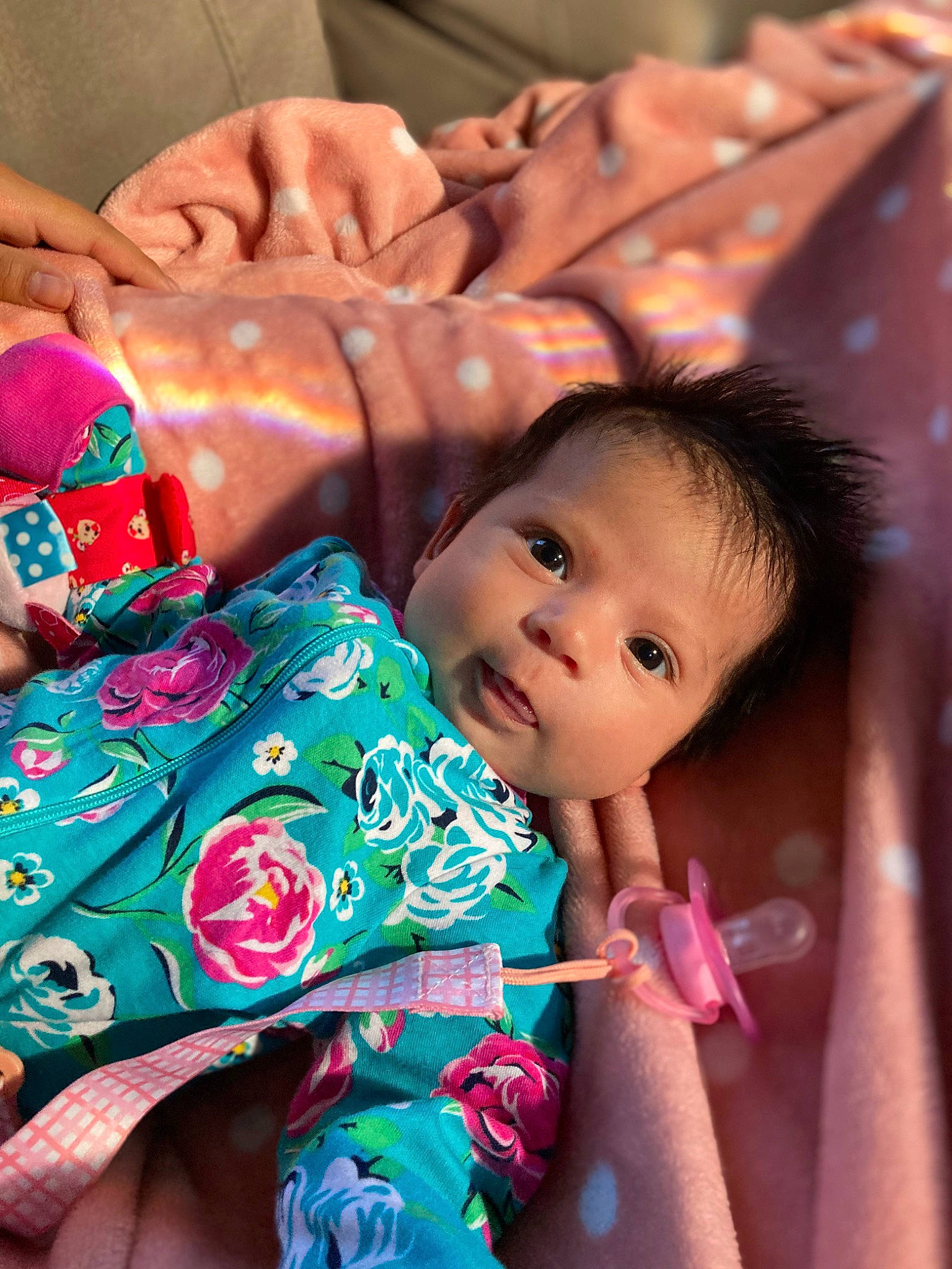 Angela joined the competition — help win amazing prizes! baby, baby_toddler_clothing, cheek, child, comfort, facial_expression, finger, fun, gesture, hairstyle, hand, happy, human_body, mouth, nail, person, pink, product, skin, sleeve