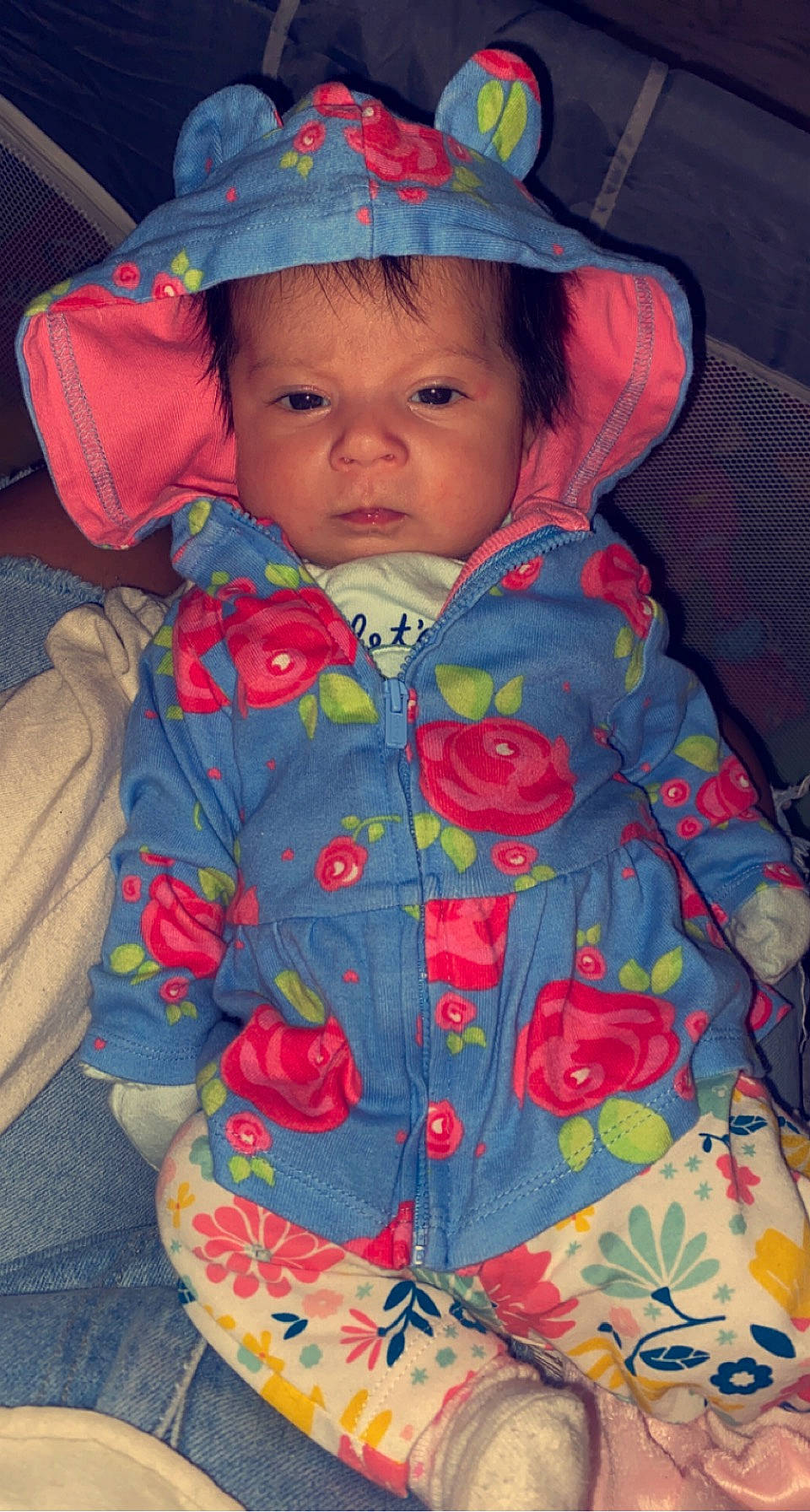 Angela is registered to the contest to win money with this photo: baby_toddler_clothing, cap, cheek, child, eye, happy, head, human_body, iris, jacket, lip, mouth, nose, organ, outerwear, person, pink, plant, skin, sleeve