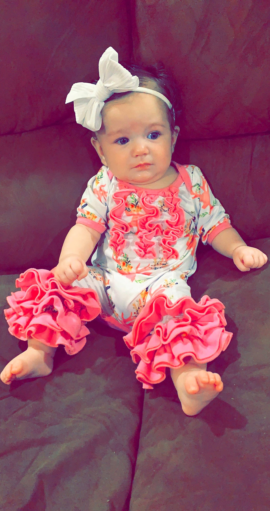 Addilyn joined the competition — help win amazing prizes! baby, baby_toddler_clothing, child, day_dress, dress, embellishment, flower, hair_accessory, happy, headpiece, magenta, peach, person, petal, pink, ruffle, skin, sleeve, textile, toddler