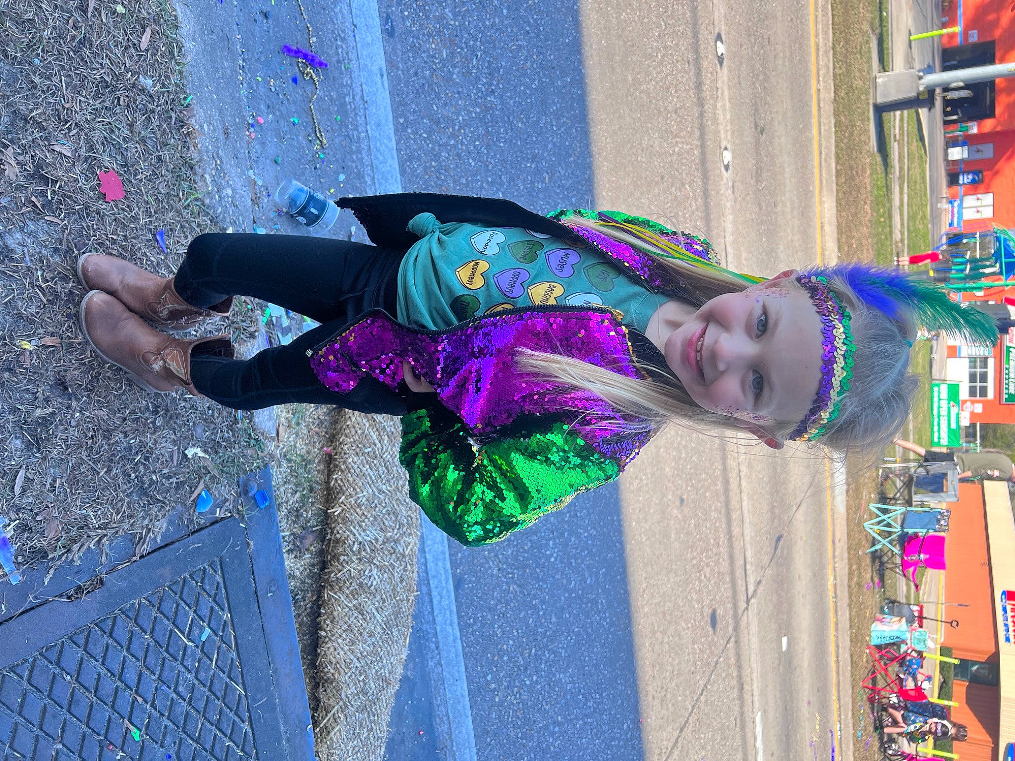 Kinley joined the competition — help win amazing prizes! art, asphalt, blue, city, electric_blue, fun, headwear, joy, leisure, magenta, pattern, pedestrian, person, pink, purple, road, road_surface, shadow, sidewalk, smile