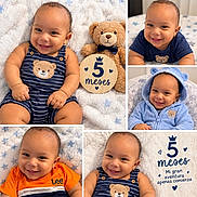 Jayden Garcia is registered to the contest to win money with this photo: baby, infant, child, smiling, portrait, milestone, five_months, teddy_bear, blanket, blue_clothing, orange_shirt, baby_bodysuit, hooded_outfit, collage, indoor, lying_down, happy, cute, wooden_sign, spanish_text