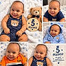 baby, infant, child, smiling, portrait, milestone, five_months, teddy_bear, blanket, blue_clothing, orange_shirt, baby_bodysuit, hooded_outfit, collage, indoor, lying_down, happy, cute, wooden_sign, spanish_text