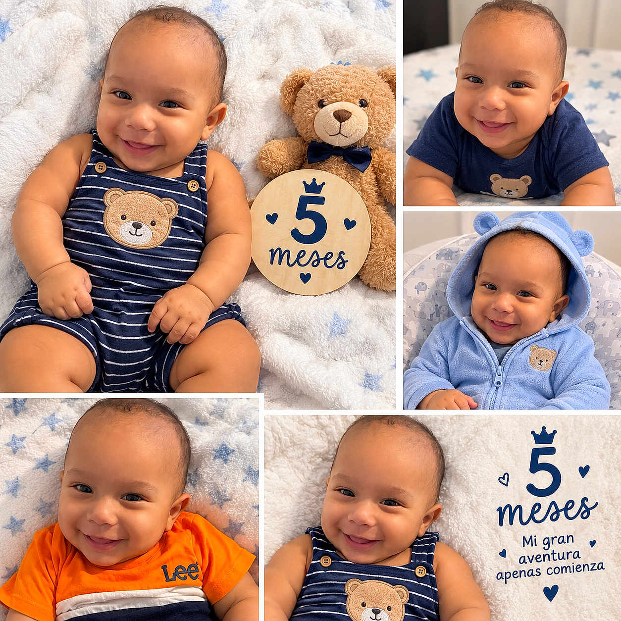 Jayden Garcia is registered to the contest to win money with this photo: baby, infant, child, smiling, portrait, milestone, five_months, teddy_bear, blanket, blue_clothing, orange_shirt, baby_bodysuit, hooded_outfit, collage, indoor, lying_down, happy, cute, wooden_sign, spanish_text