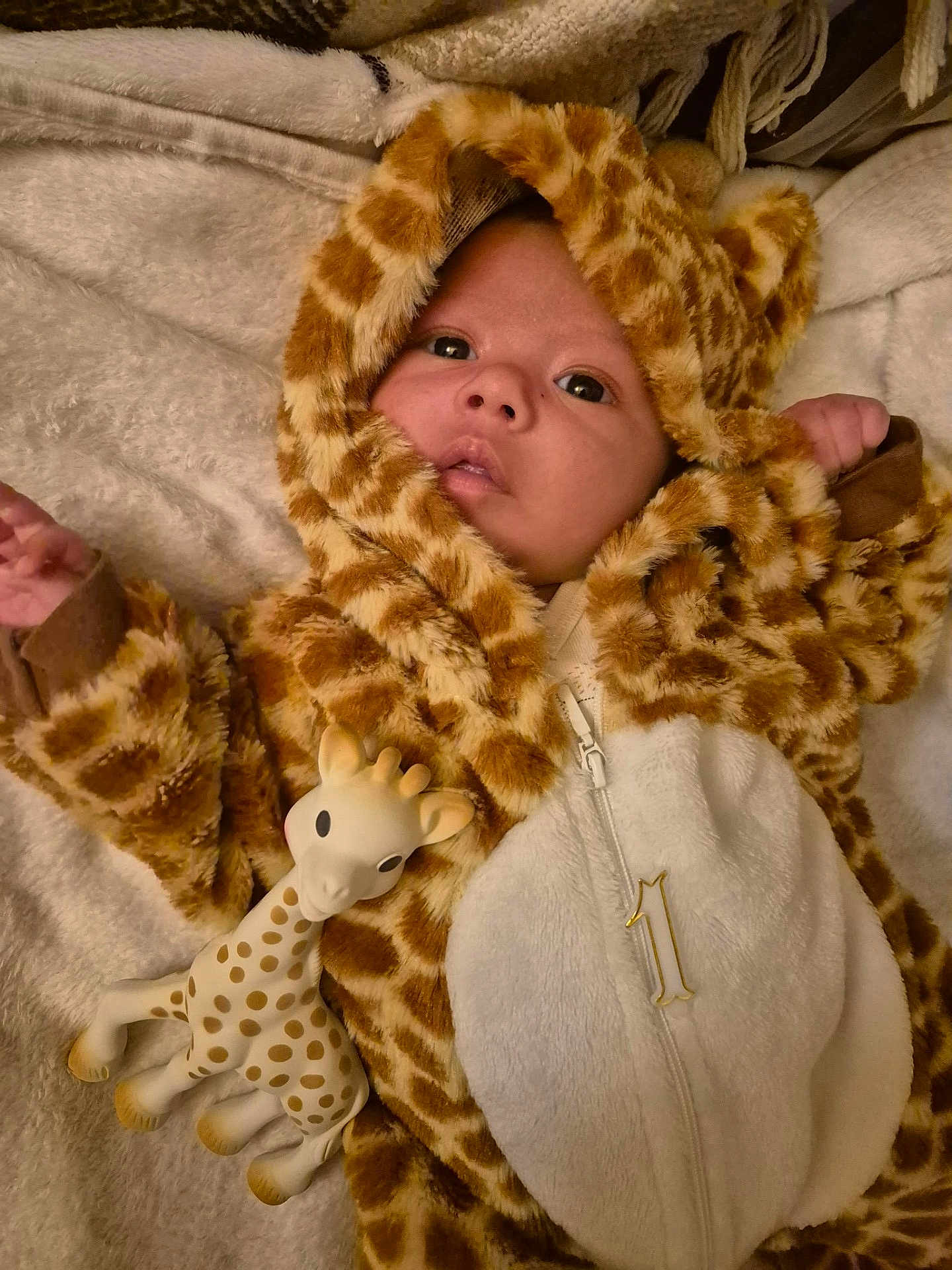 Sacha a rejoint le concours — aidez-le/la à gagner de superbes lots ! baby, infant, giraffe_toy, hooded_outfit, blanket, plush, spots_pattern, cozy, newborn, lying_down, cute, wide_eyes, onesie, zipper, hand, soft_texture, nursery, teether, animal_print, portrait