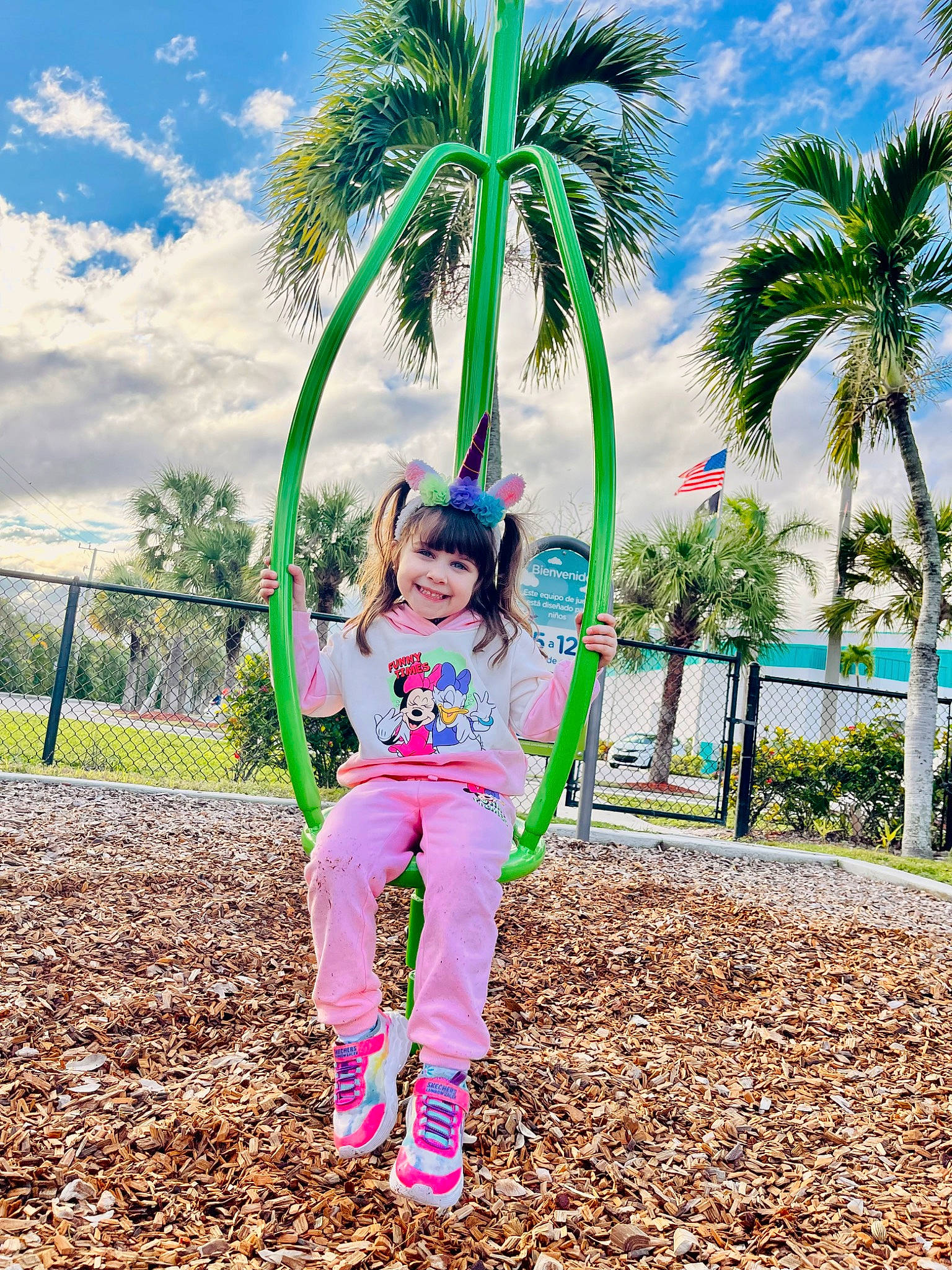 Victoria joined the competition — help win amazing prizes! arecales, city, cloud, fun, grass, green, happy, joy, leaf, leisure, magenta, people_in_nature, person, plant, playground, recreation, sky, smile, terrestrial_plant, toddler
