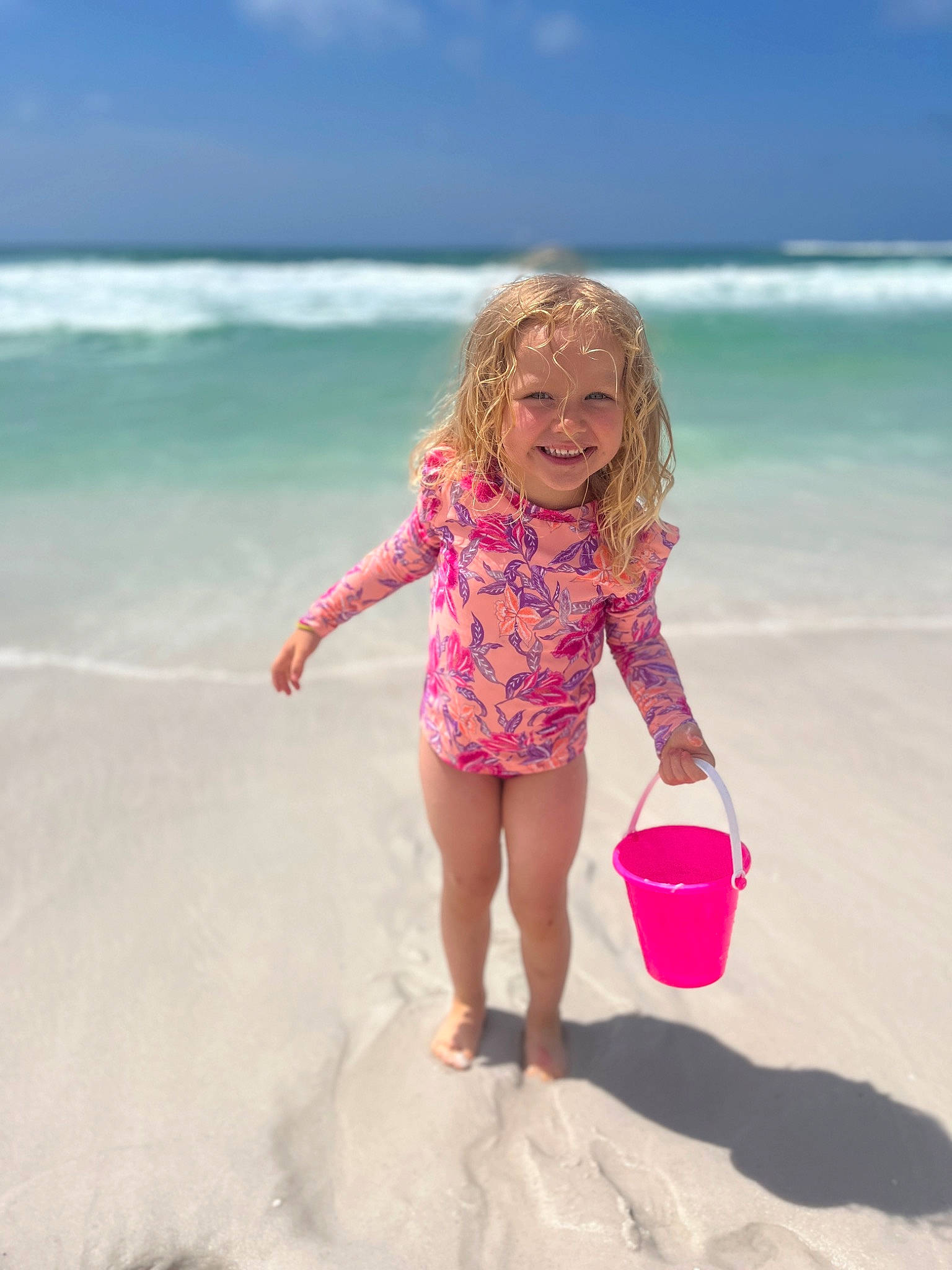 Audrey joined the competition — help win amazing prizes! barefoot, beach, blond, child, cloud, foot, fun, happy, joy, leisure, people_in_nature, people_on_beach, person, pink, recreation, sand, sky, smile, toddler, travel
