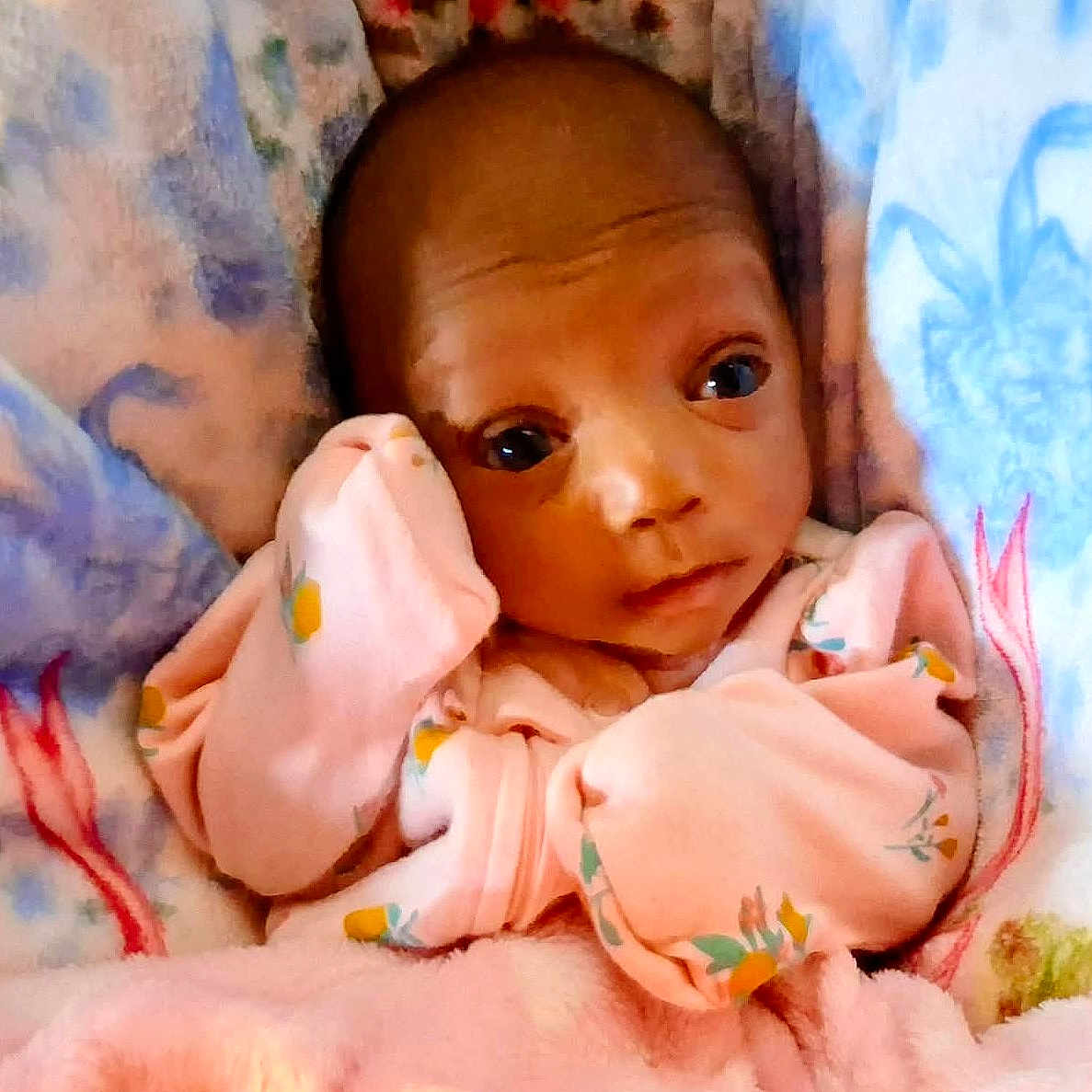 Hazel is registered to the contest to win money with this photo: baby, infant, blanket, pajamas, face, eyes, hands, sleepwear, cute, newborn, cozy, bed, soft, child, portrait, pink, floral, resting, small, indoors