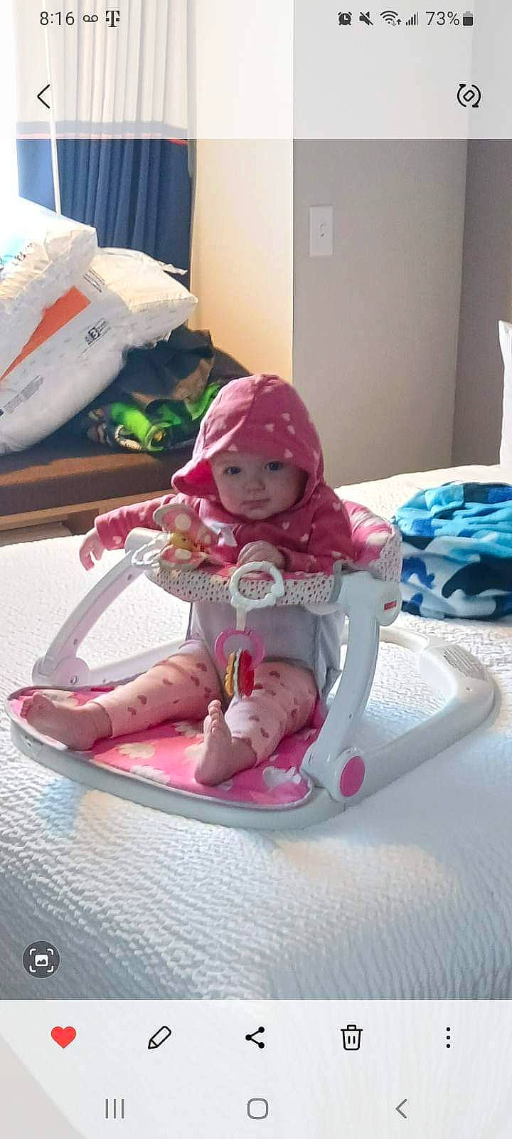 Kinsley joined the competition — help win amazing prizes! baby, baby_products, baby_toddler_clothing, baby_toys, carmine, child, comfort, flooring, fun, headwear, linens, magenta, person, personal_protective_equipment, pink, play, purple, room, sitting, toddler