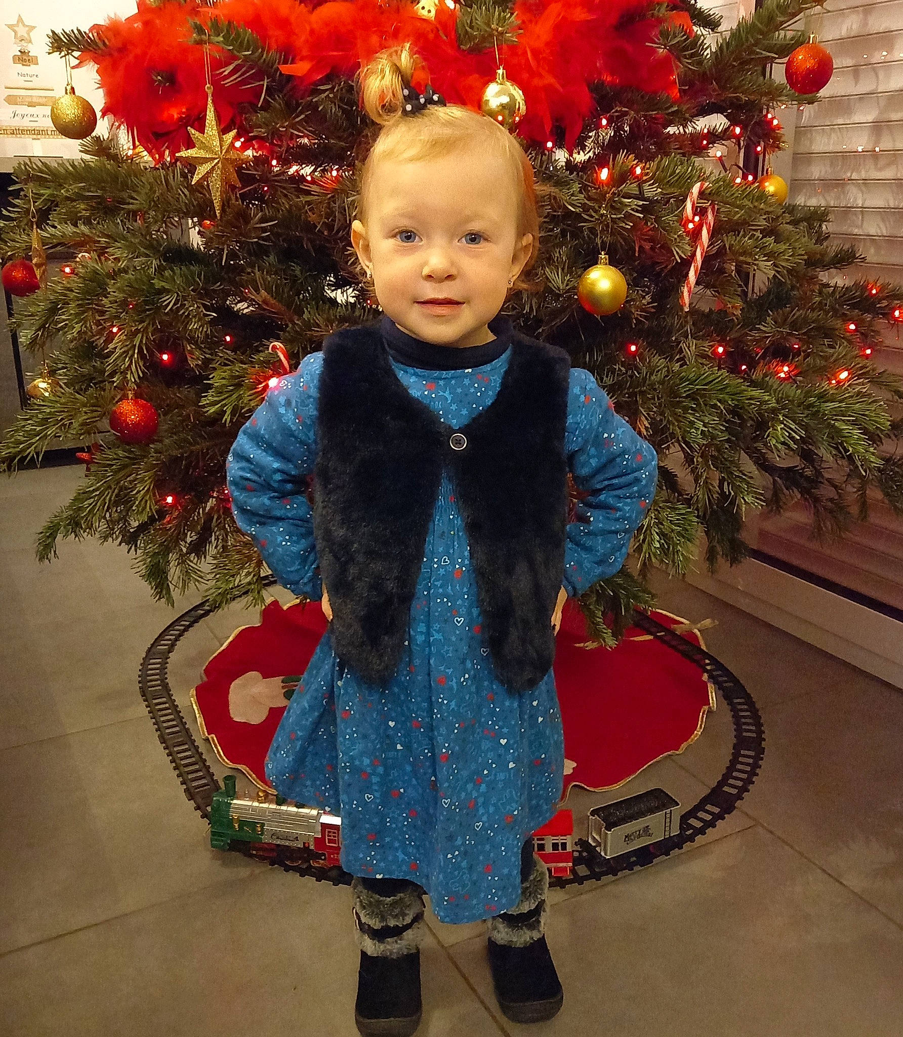 Miléna participe au concours pour gagner de l'argent avec cette photo : baby_toddler_clothing, christmas_decoration, christmas_ornament, christmas_tree, dress, event, face, happy, head, holiday_ornament, human_body, ornament, outerwear, person, photograph, plant, red, sleeve, snapshot, standing