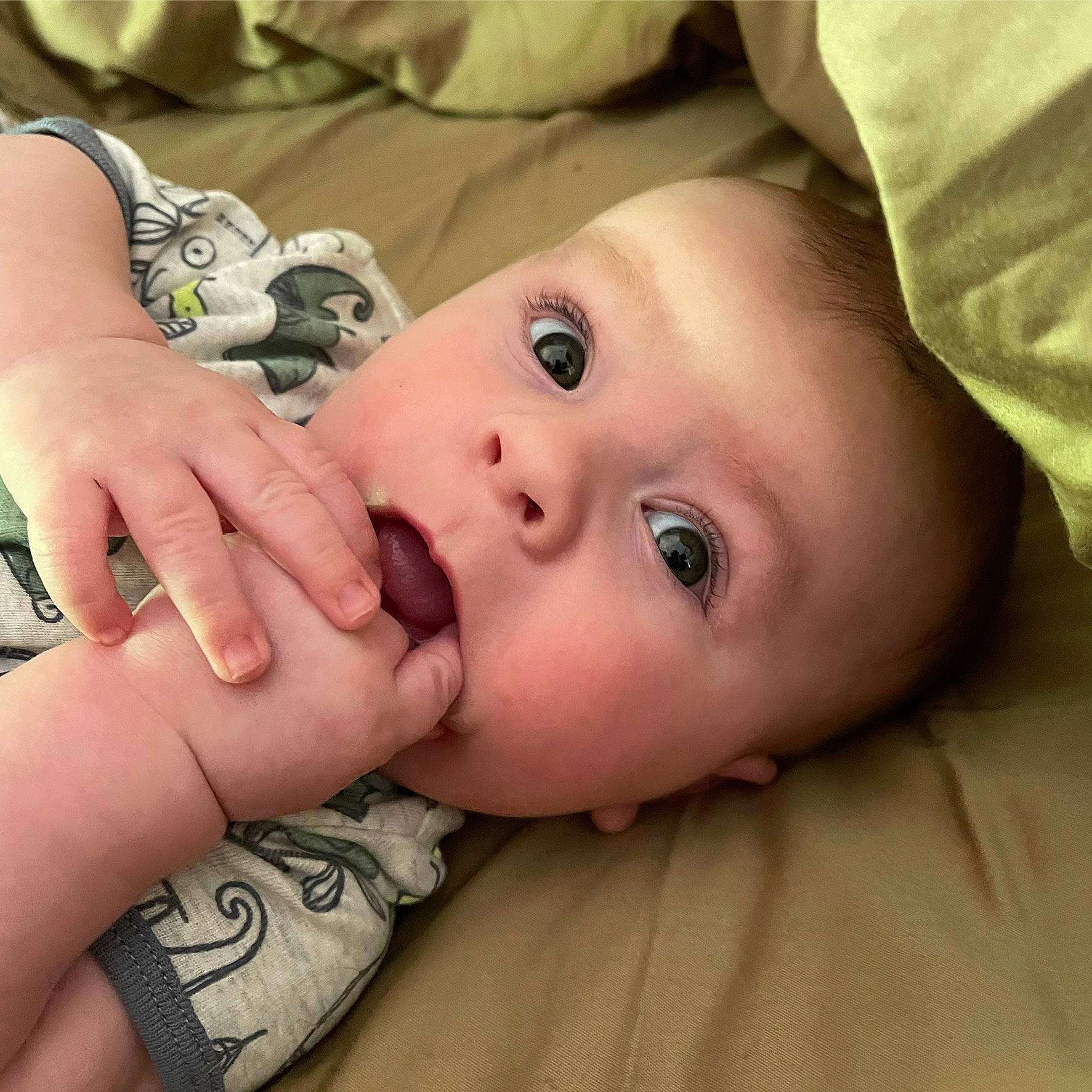 Evander is registered to the contest to win money with this photo: baby, baby_toddler_clothing, cheek, comfort, eye, eyebrow, eyelash, finger, gesture, grass, hand, happy, head, iris, lip, mouth, neck, nose, person, skin