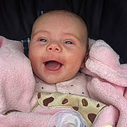 Mélya a rejoint le concours — aidez-le/la à gagner de superbes lots ! baby, infant, smile, open_mouth, pacifier, blanket, pink_blanket, fuzzy_blanket, clothing, stroller, seat, portrait, closeup, cute, happy, eyes, face, skin, newborn, cozy