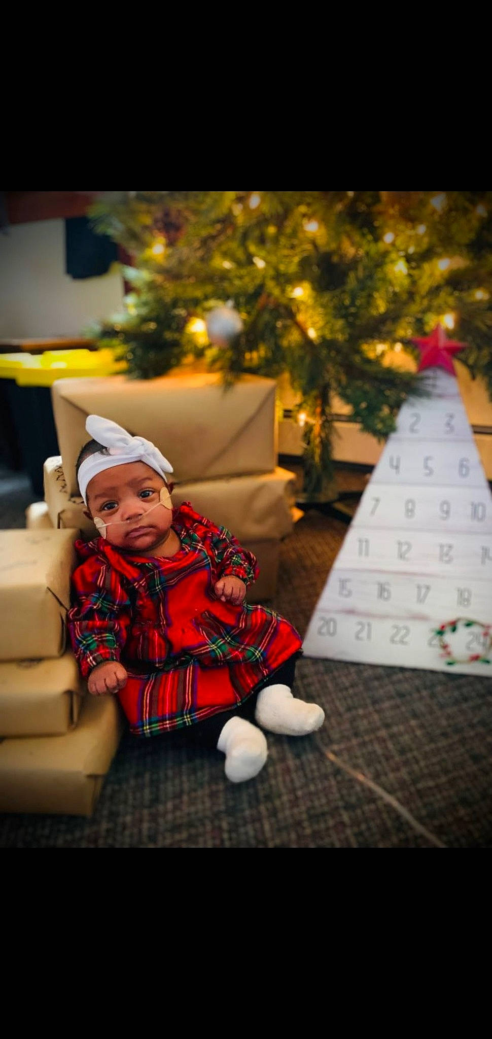 Anastasia is registered to the contest to win money with this photo: baby, christmas_decoration, christmas_ornament, christmas_tree, couch, event, flash_photography, fun, happy, headwear, holiday, light, lighting, ornament, pattern, person, plaid, plant, toddler, tree
