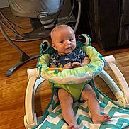 Bohdi joined the competition — help win amazing prizes! baby, child, infant, baby_seat, frog_design, blue_clothing, wooden_floor, living_room, furniture, couch, baby_toy, indoor, person, feet, face, head, expression, seat, comfort, curious