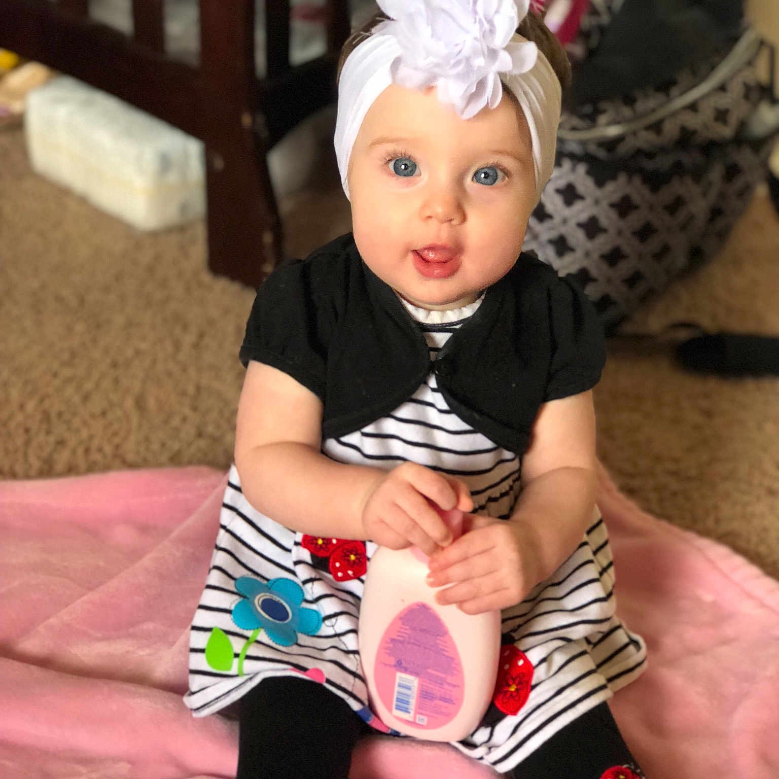 Saber joined the competition — help win amazing prizes! baby, baby_toddler_clothing, child, fashion_accessory, hair_accessory, headband, headgear, headpiece, leg, person, pink, toddler