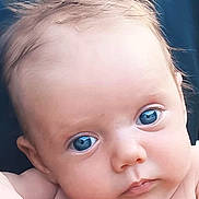 Lou éléonore a rejoint le concours — aidez-le/la à gagner de superbes lots ! baby, close_up, face, blue_eyes, skin, hair, infant, child, portrait, expression, curious, head, person, young, cute, skin_texture, human, looking, soft_light, indoor