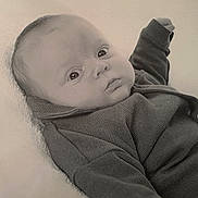 Enzo is registered to the contest to win money with this photo: baby, infant, face, eyes, clothing, sleeve, texture, portrait, monochrome, soft, blanket, laying_down, cute, newborn, person, resting, small, human, young, cozy